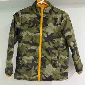 GAP Kids Camo Puffer Jacket with Bright Yellow Zipper. Reversible, worn once.